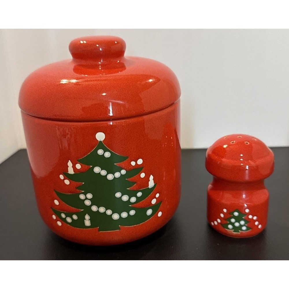 Waechtersbach West Germany Christmas Tree Canister With Lid And Salt Shaker